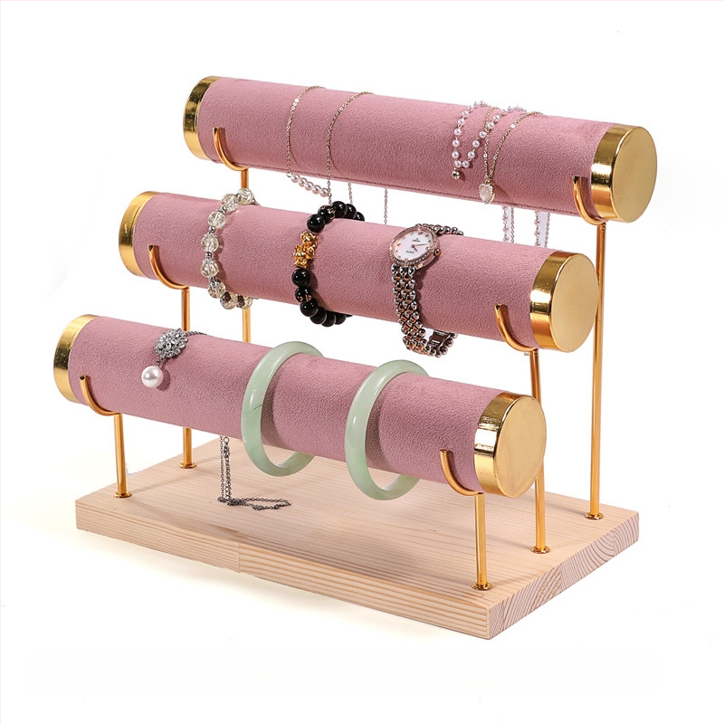 Ξύλινο τριώροφο εκθετήριο για βραχιόλια, σχεδίαση βήματος, οργανωτής κοσμημάτων