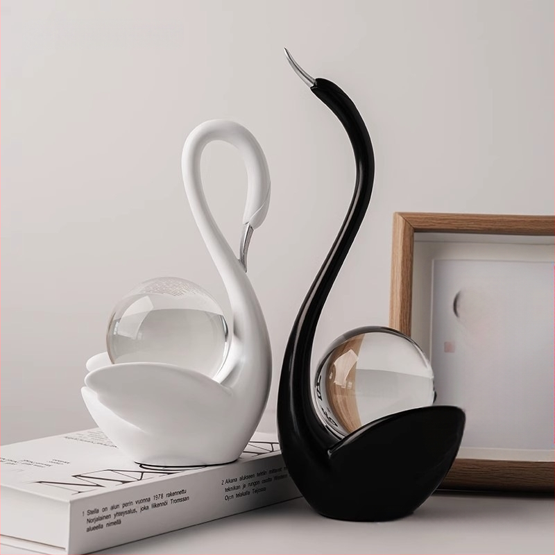 Art Deco διακοσμητικό για TV έπιπλο — ρητίνη, κύκνος με κρυστάλλινη σφαίρα, χειροποίητο, Σκανδιναβικό στυλ, δώρο γενέθλιων και Χριστουγέννων