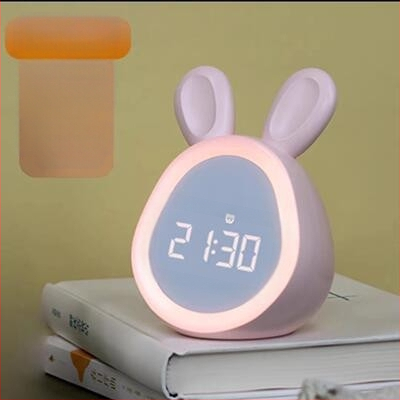 Zuikio formos žadintuvas, LED skaitmeninis ekranas, maitinamas baterijomis, animacinio stiliaus, naktinė lemputė