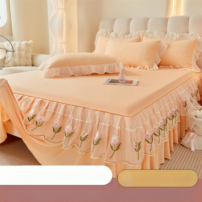 Frančes stila gultas svārku komplekts ar gultas pārklāju, mazgāts kokvilnas materiāls, izšuvums, vienkrāsains, trīs daļu komplekts, viegls grezums