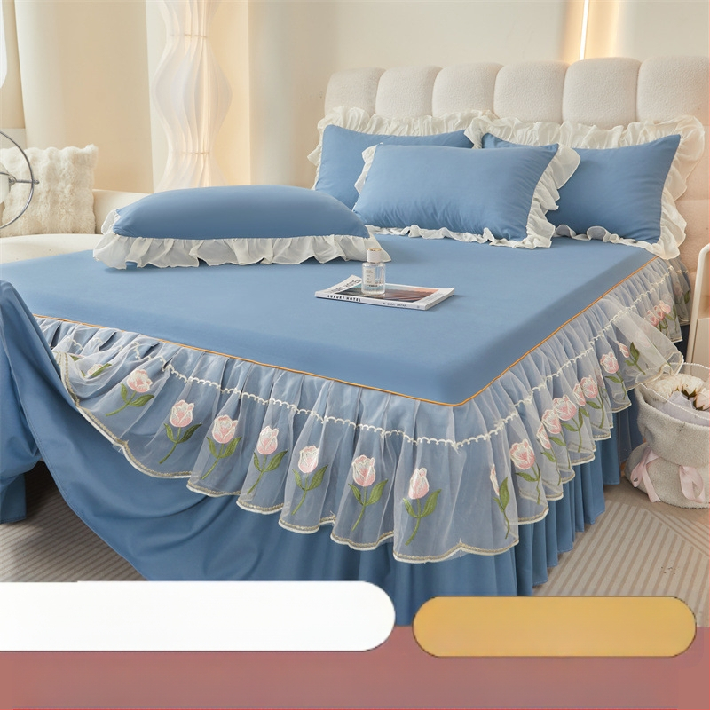 Frančes stila gultas svārku komplekts ar gultas pārklāju, mazgāts kokvilnas materiāls, izšuvums, vienkrāsains, trīs daļu komplekts, viegls grezums