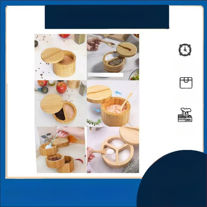 Bambuko prieskonių indelis su šaukšteliu ir druskos indeliu, virtuvės laikymo dėžė su pasukamu magnetiniu dangteliu, logotipo spausdinimas galima