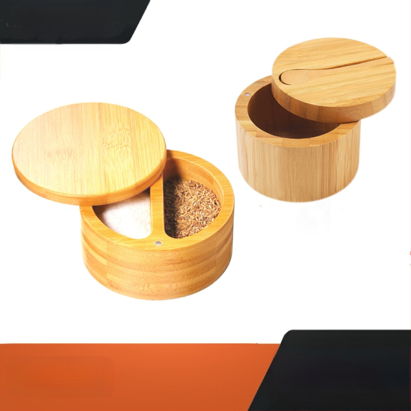 Bambuko prieskonių indelis su šaukšteliu ir druskos indeliu, virtuvės laikymo dėžė su pasukamu magnetiniu dangteliu, logotipo spausdinimas galima