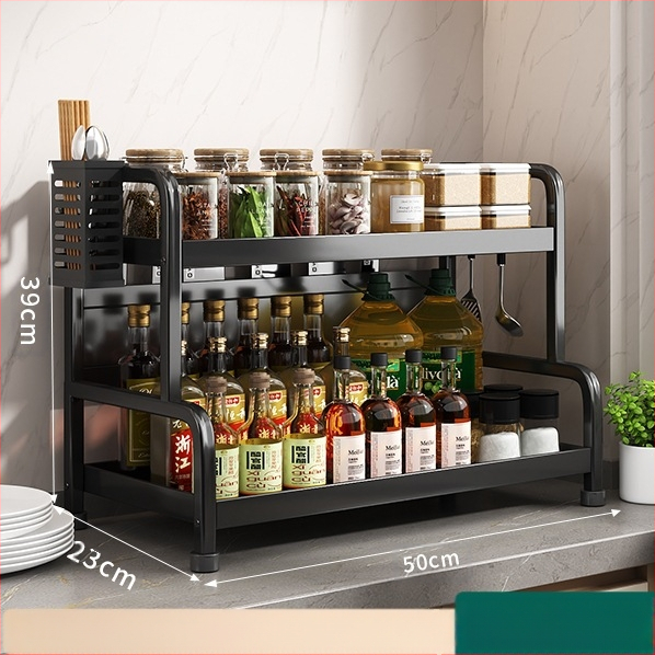 Ράφι μπαχαρικών με θήκη για ξυλάκια και μαχαίρια, για επιφάνεια εργασίας, από χάλυβα άνθρακα, πολυεπίπεδο, χωρίς διάτρηση, μοντέρνο μινιμαλιστικό στυλ