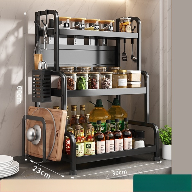 Ράφι μπαχαρικών με θήκη για ξυλάκια και μαχαίρια, για επιφάνεια εργασίας, από χάλυβα άνθρακα, πολυεπίπεδο, χωρίς διάτρηση, μοντέρνο μινιμαλιστικό στυλ