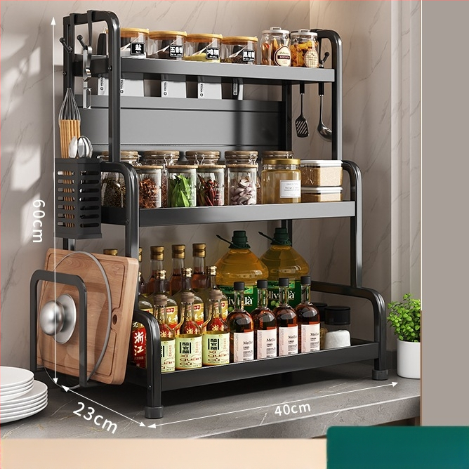 Ράφι μπαχαρικών με θήκη για ξυλάκια και μαχαίρια, για επιφάνεια εργασίας, από χάλυβα άνθρακα, πολυεπίπεδο, χωρίς διάτρηση, μοντέρνο μινιμαλιστικό στυλ