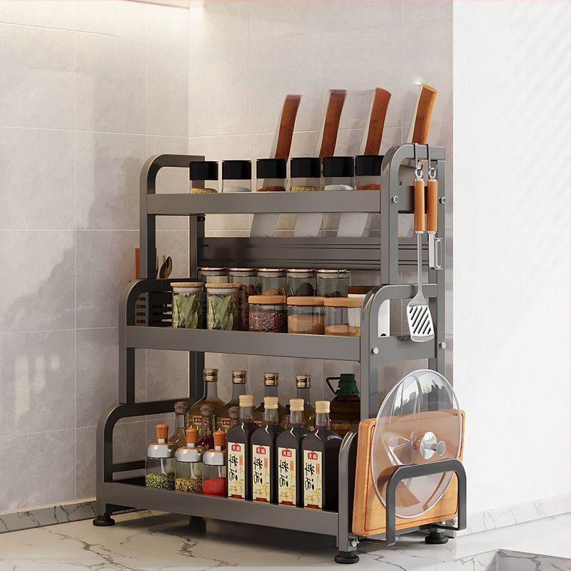 Ράφι μπαχαρικών με θήκη για ξυλάκια και μαχαίρια, για επιφάνεια εργασίας, από χάλυβα άνθρακα, πολυεπίπεδο, χωρίς διάτρηση, μοντέρνο μινιμαλιστικό στυλ