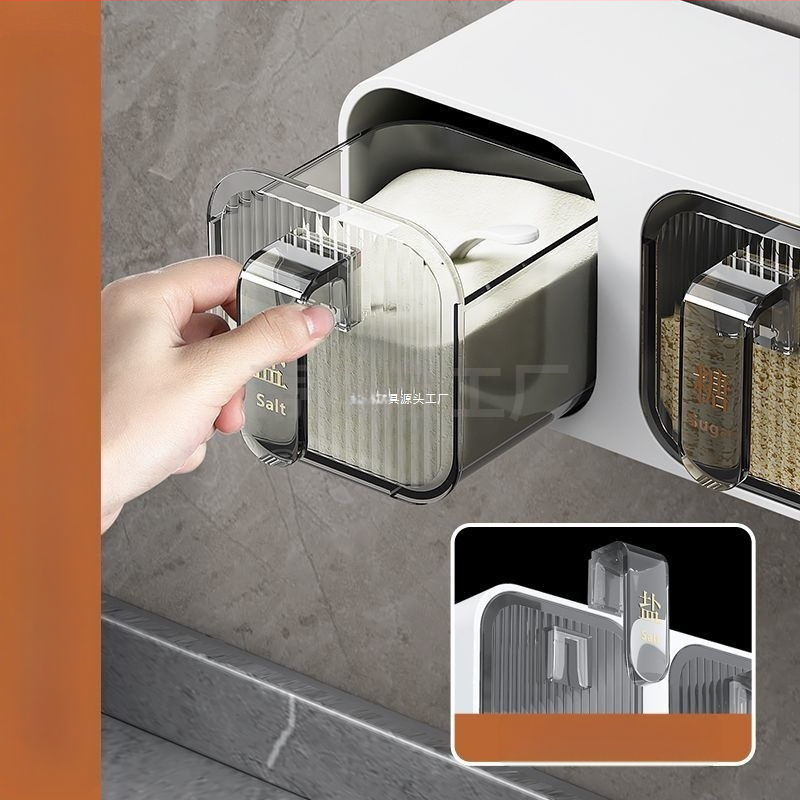 Prieskonių dėžutė su sieniniu tvirtinimu ir stalčiuko dizainu, iš plastiko, tinkama kietiems prieskonims, virtuvės saugojimo organizatorius