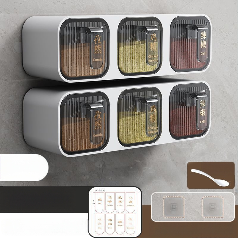 Prieskonių dėžutė su sieniniu tvirtinimu ir stalčiuko dizainu, iš plastiko, tinkama kietiems prieskonims, virtuvės saugojimo organizatorius