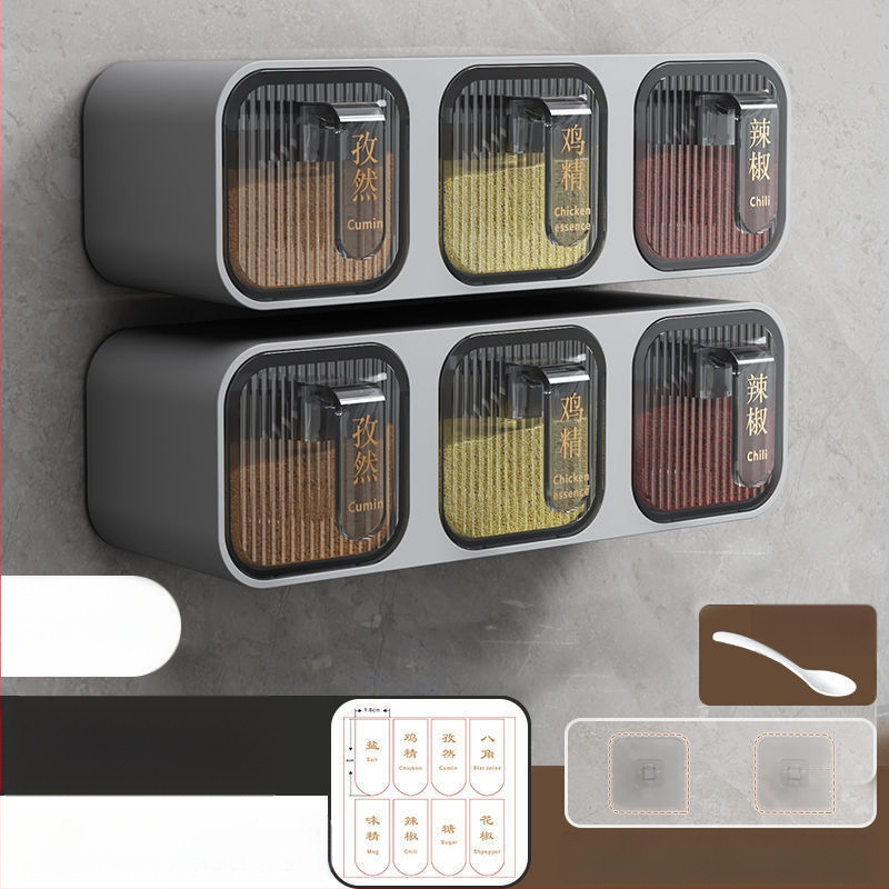 Prieskonių dėžutė su sieniniu tvirtinimu ir stalčiuko dizainu, iš plastiko, tinkama kietiems prieskonims, virtuvės saugojimo organizatorius