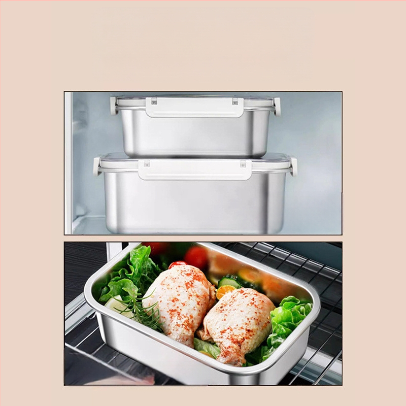 Taisnstūra 316 nerūsējošā tērauda pārtikas uzglabāšanas kastīte, pārtikas kvalitāte, noslēgta ar vāciņu, pārnēsājama, 800–1000 ml