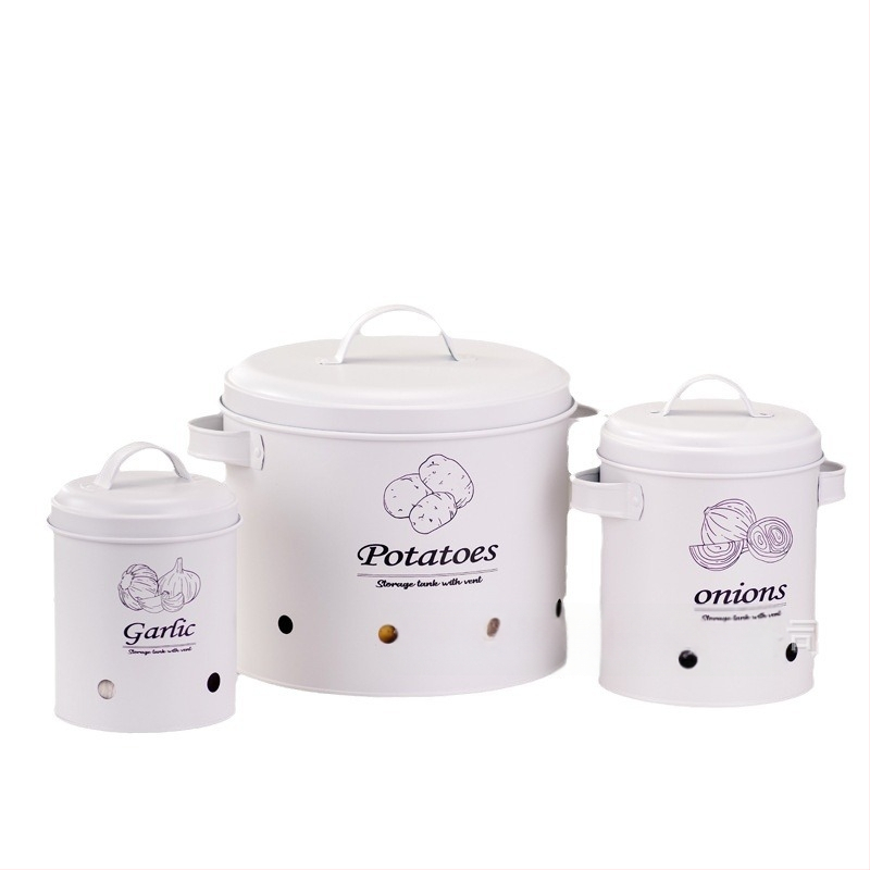 Apvalus galvanizuoto plieno sandėliavimo indas bulvėms, svogūnams ir česnakams su kvėpuojančiomis angomis — daugiafunkcinė metalo sandėliavimo komplektas, talpa virš 5 L, su spausdintu logotipu
