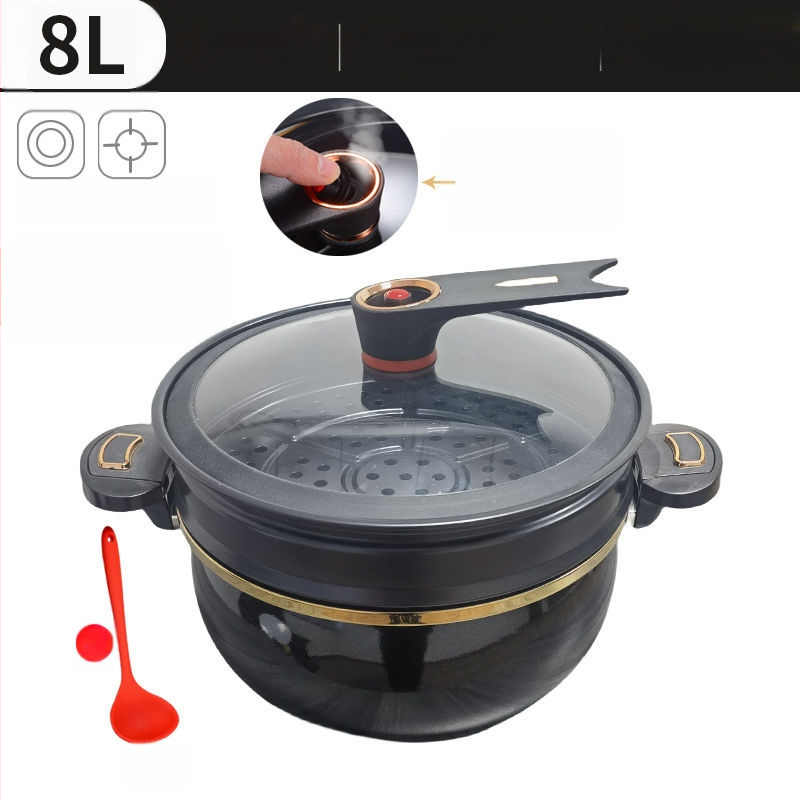 Супова тенджера с емайлирано емайлирано керамично дъно, микро‑пресова система, стъклен капак, неприлепващо покритие, капацитет над 5 л