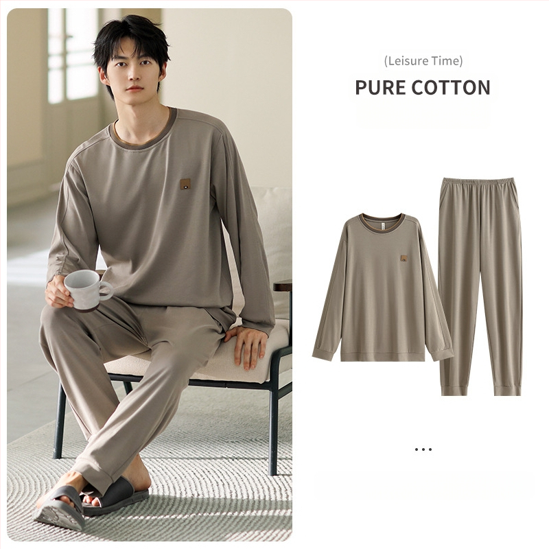 Vyriniai medvilniniai pižamos komplektas, ilgomis rankovėmis, 95–100% medvilnė, pavasaris–ruduo, paprastas kasdienio stiliaus