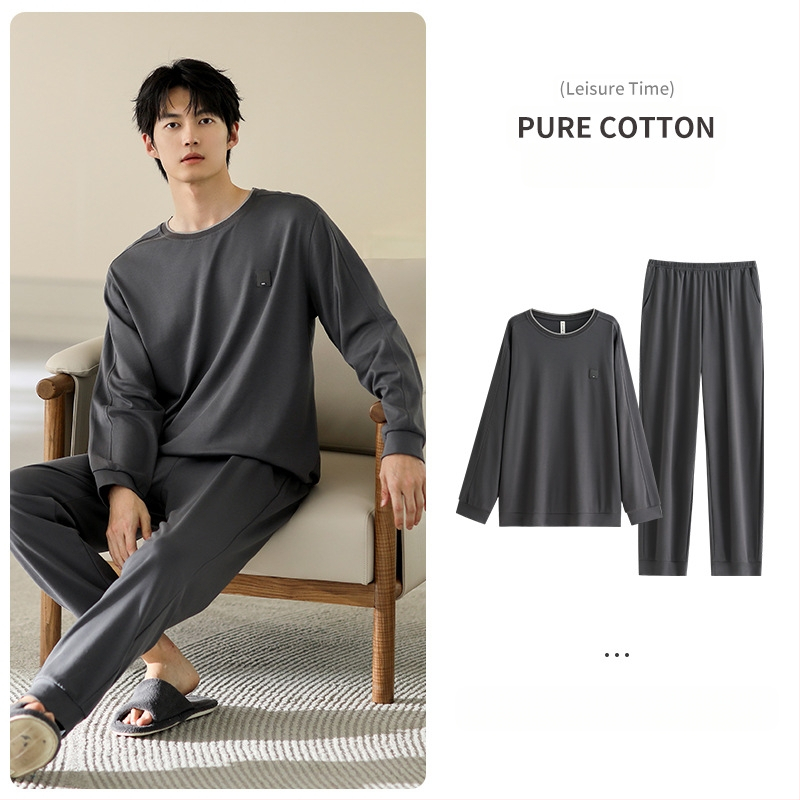Vyriniai medvilniniai pižamos komplektas, ilgomis rankovėmis, 95–100% medvilnė, pavasaris–ruduo, paprastas kasdienio stiliaus
