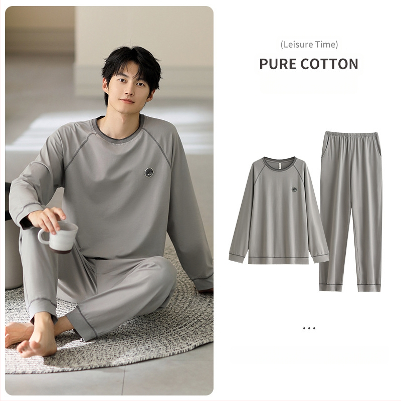 Vyriniai medvilniniai pižamos komplektas, ilgomis rankovėmis, 95–100% medvilnė, pavasaris–ruduo, paprastas kasdienio stiliaus