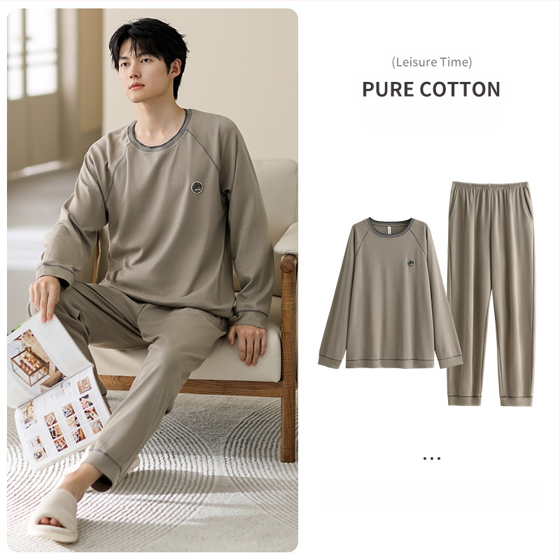 Vyriniai medvilniniai pižamos komplektas, ilgomis rankovėmis, 95–100% medvilnė, pavasaris–ruduo, paprastas kasdienio stiliaus