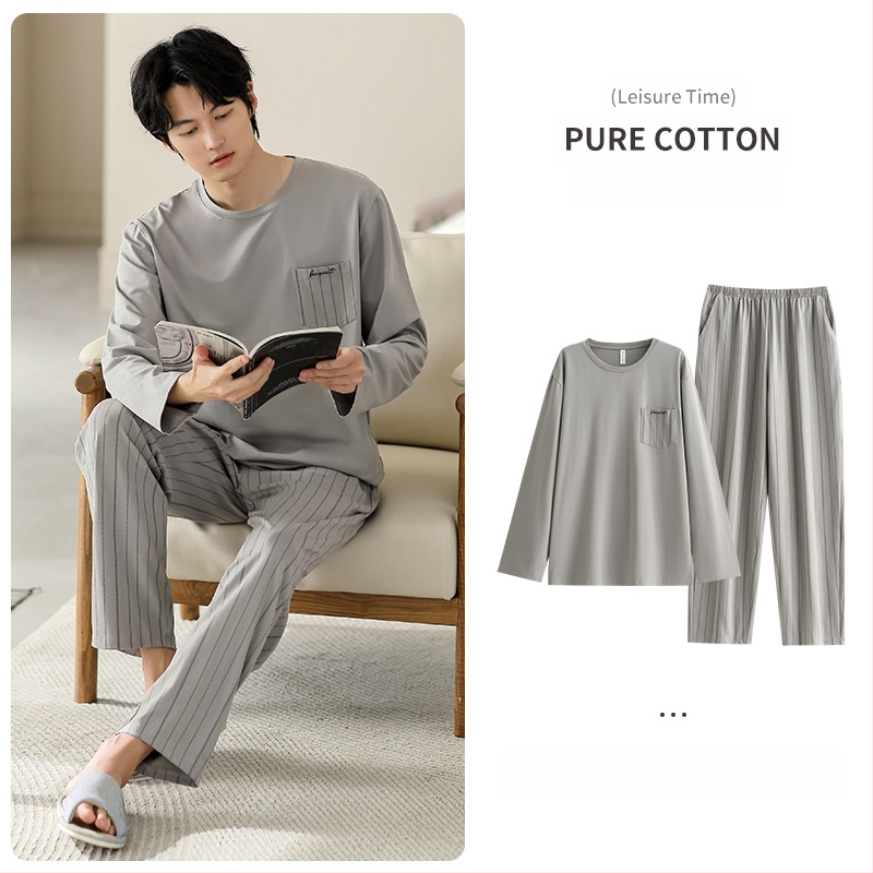 Vyriniai medvilniniai pižamos komplektas, ilgomis rankovėmis, 95–100% medvilnė, pavasaris–ruduo, paprastas kasdienio stiliaus