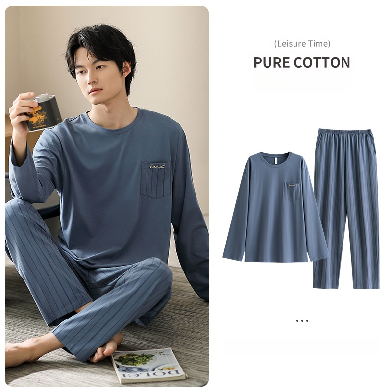 Vyriniai medvilniniai pižamos komplektas, ilgomis rankovėmis, 95–100% medvilnė, pavasaris–ruduo, paprastas kasdienio stiliaus