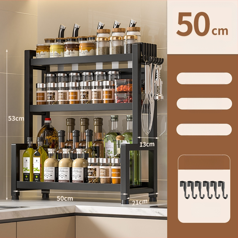 Stalo paviršiaus daugiasluoksnis prieskonių laikiklis iš nerūdijančio plieno su peilių ir įrankių laikikliu, skirtas aliejui, druskai, padažui ir actui