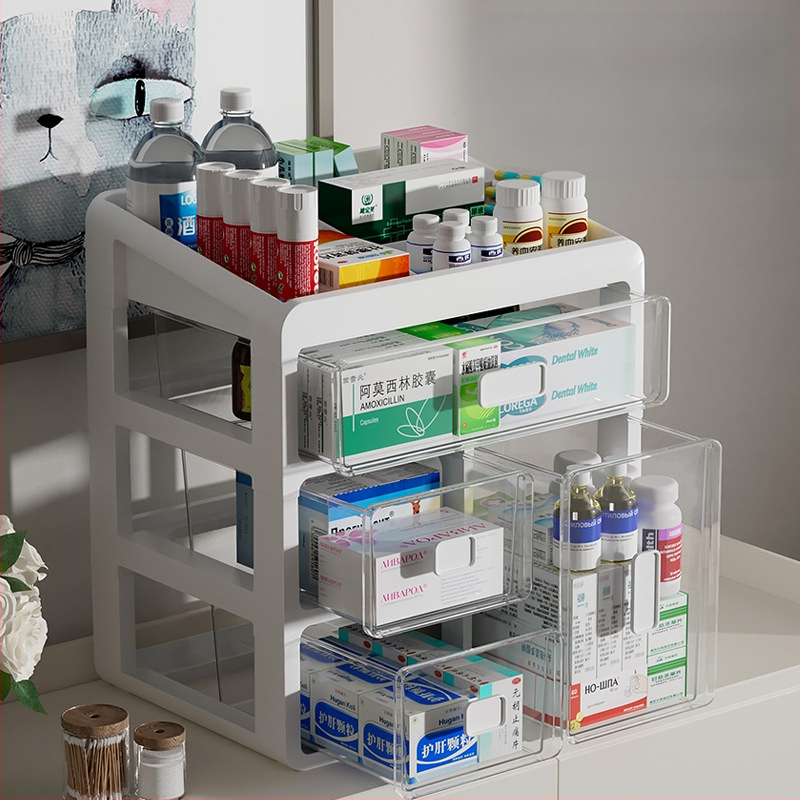 Háztartási gyógyszeres doboz műanyagból, fiókos kialakítással, nagy kapacitású és több rétegű rekeszekkel