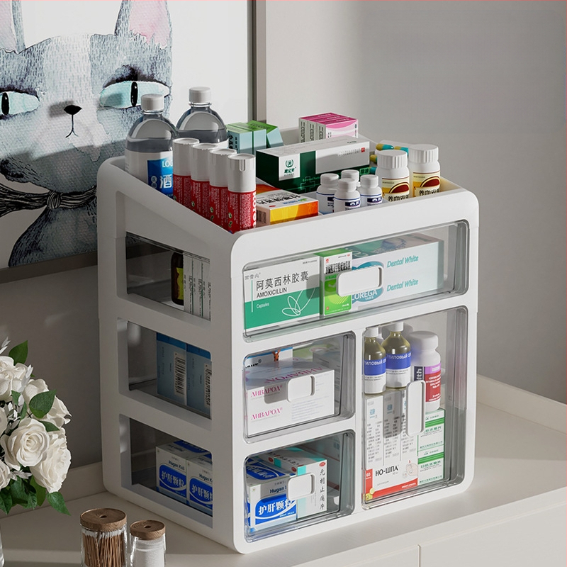 Háztartási gyógyszeres doboz műanyagból, fiókos kialakítással, nagy kapacitású és több rétegű rekeszekkel