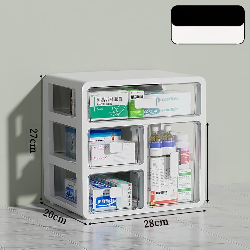 Háztartási gyógyszeres doboz műanyagból, fiókos kialakítással, nagy kapacitású és több rétegű rekeszekkel