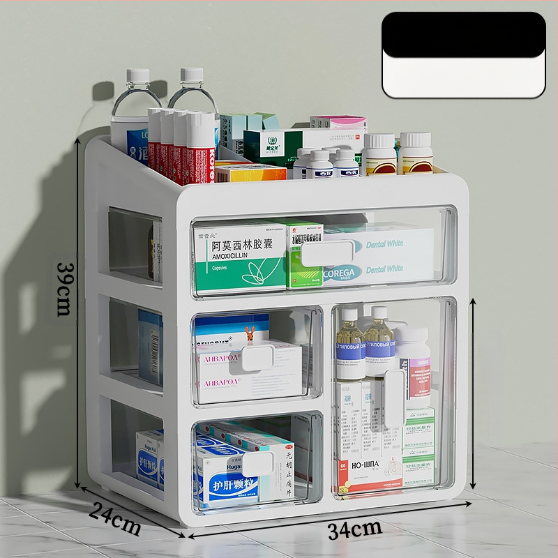 Háztartási gyógyszeres doboz műanyagból, fiókos kialakítással, nagy kapacitású és több rétegű rekeszekkel