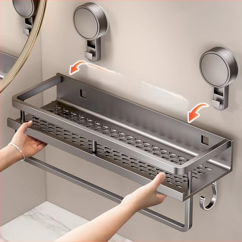 Sienas uzstādāms vannas istabas uzglabāšanas plaukts ar vakuumiedzīgumu, alumīnija sakausējums, modelis 229, slodze 10 kg, izcelsme Zhejiang