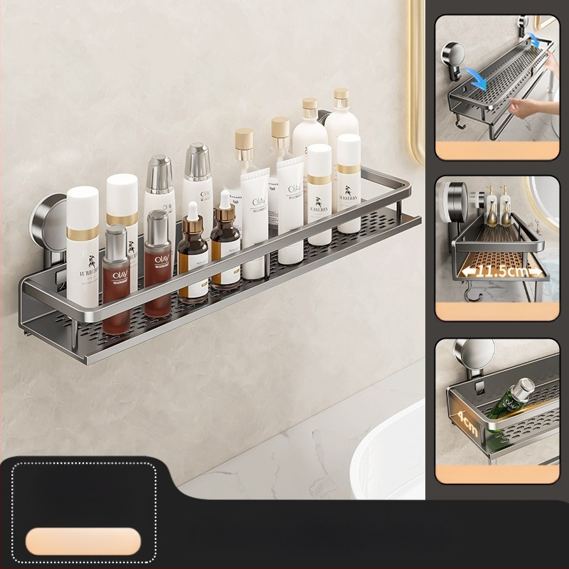 Sienas uzstādāms vannas istabas uzglabāšanas plaukts ar vakuumiedzīgumu, alumīnija sakausējums, modelis 229, slodze 10 kg, izcelsme Zhejiang