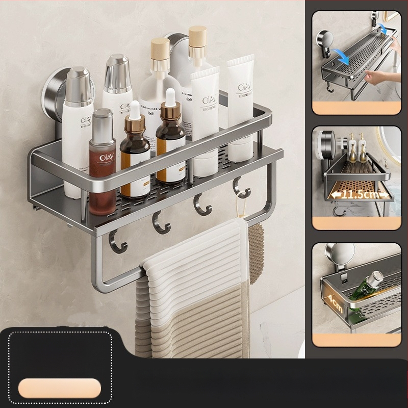 Sienas uzstādāms vannas istabas uzglabāšanas plaukts ar vakuumiedzīgumu, alumīnija sakausējums, modelis 229, slodze 10 kg, izcelsme Zhejiang