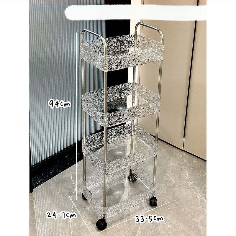 Akrila stacionālais mobilais vannas istabas uzglabāšanas plaukts ar vairākiem plauktiem