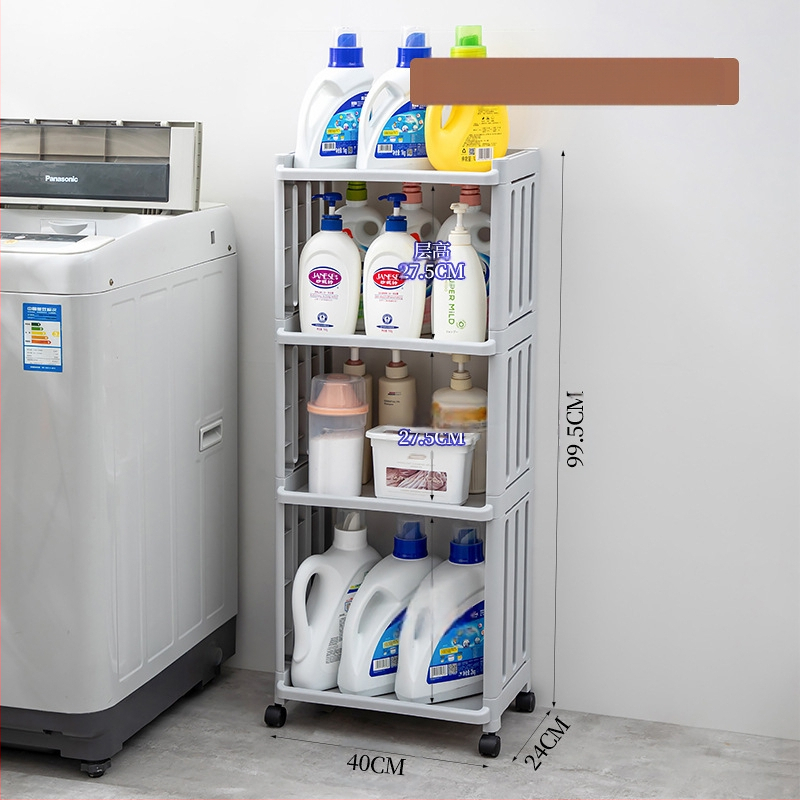 Plastmasas vannas istabas statīvs ar riteņiem, daudzslāņu dizains, paredzēts veļas mazgāšanas līdzekļu uzglabāšanai, moderns minimālisma stils.