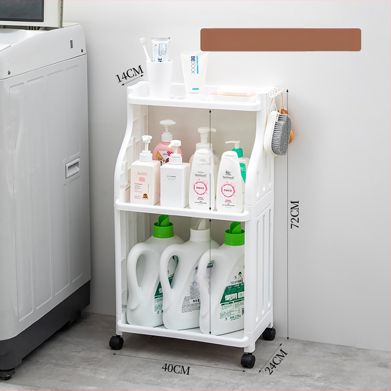 Plastmasas vannas istabas statīvs ar riteņiem, daudzslāņu dizains, paredzēts veļas mazgāšanas līdzekļu uzglabāšanai, moderns minimālisma stils.