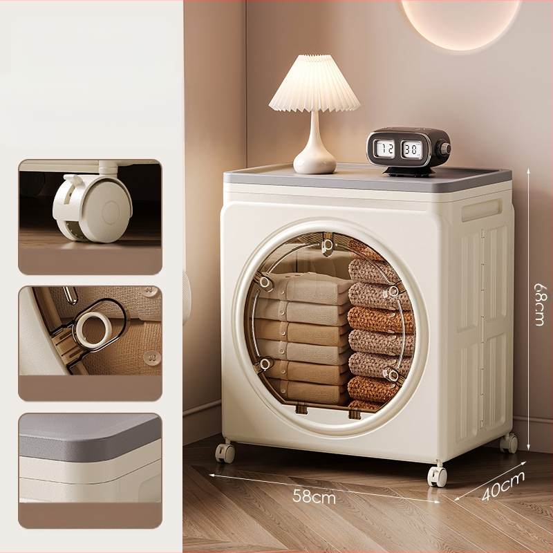 PP plastmasas uzglabāšanas skapis, caurspīdīgs putekļu aizsardzības dizains, divdurvju flip-top vāks, saliekams ar riteņiem, ietilpība 100–150 L