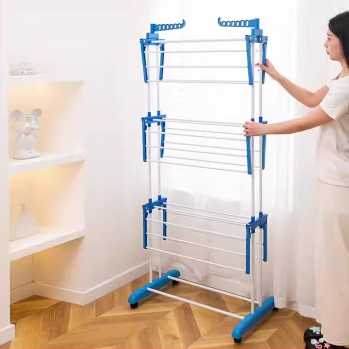 Сгъваема подова стойка за сушене на дрехи с три слоя и криловиден дизайн, мобилна