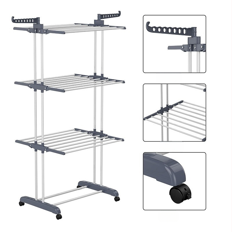 Сгъваема подова стойка за сушене на дрехи с три слоя и криловиден дизайн, мобилна