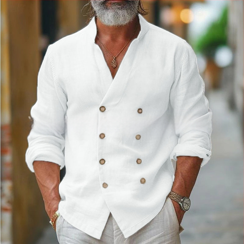 Muška košulja od pamukasto-lanene smjese sa stojećim ovratnikom, dugi rukav, jednofarbna, opuštena kroj, za proljeće i jesen