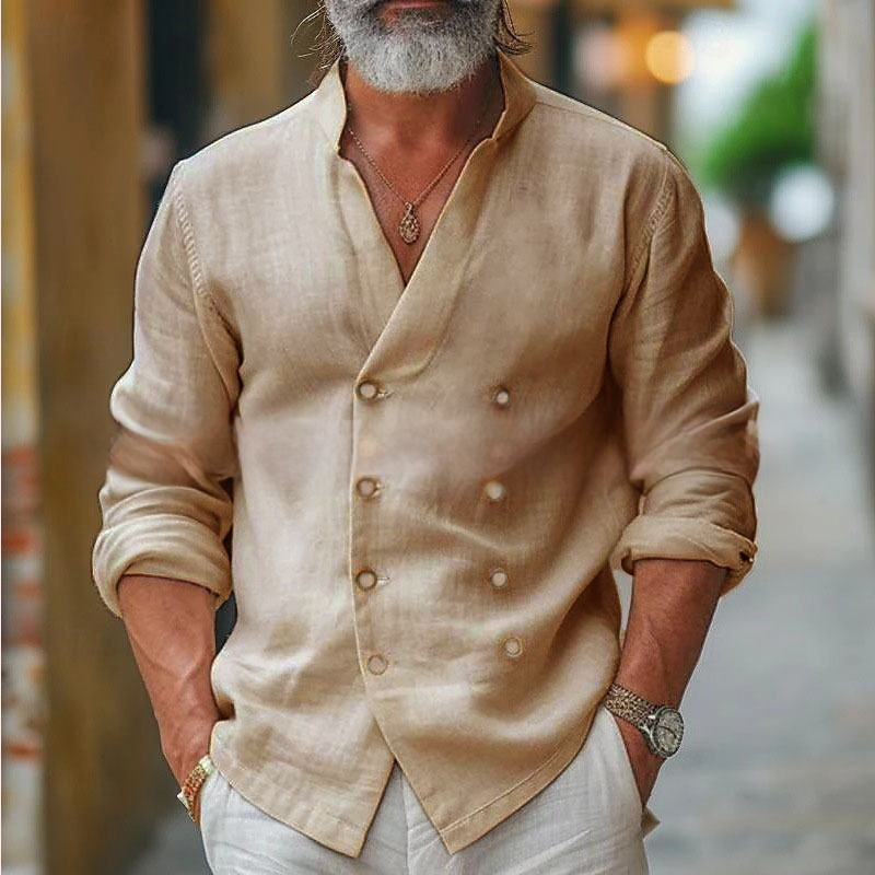 Muška košulja od pamukasto-lanene smjese sa stojećim ovratnikom, dugi rukav, jednofarbna, opuštena kroj, za proljeće i jesen