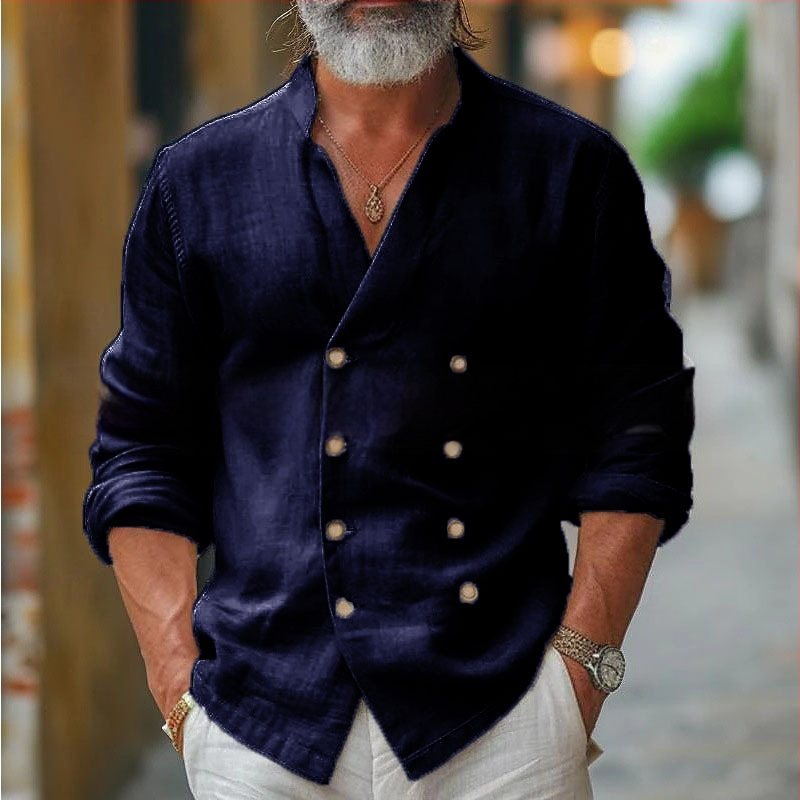 Muška košulja od pamukasto-lanene smjese sa stojećim ovratnikom, dugi rukav, jednofarbna, opuštena kroj, za proljeće i jesen