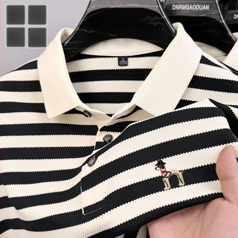 Polo krekliņš ar svītrainu rakstu, īsām piedurknēm, brīvā piegriezuma, izšūšana, zīds (svītras; īsās piedurknes; brīvā piegriezuma; izšūšana; zīds)