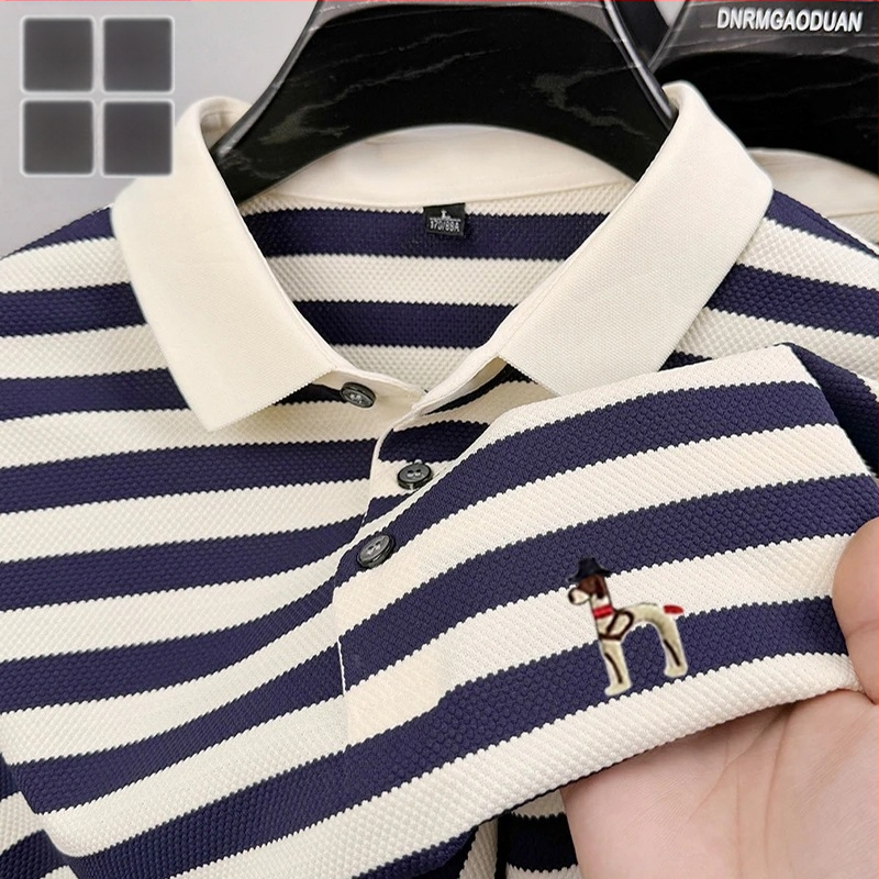 Polo krekliņš ar svītrainu rakstu, īsām piedurknēm, brīvā piegriezuma, izšūšana, zīds (svītras; īsās piedurknes; brīvā piegriezuma; izšūšana; zīds)