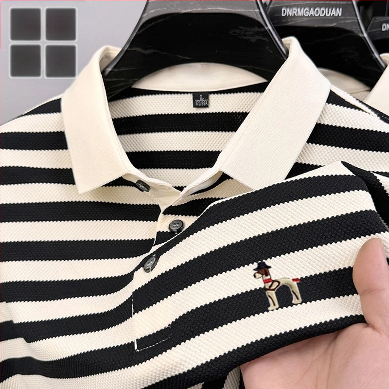 Polo krekliņš ar svītrainu rakstu, īsām piedurknēm, brīvā piegriezuma, izšūšana, zīds (svītras; īsās piedurknes; brīvā piegriezuma; izšūšana; zīds)