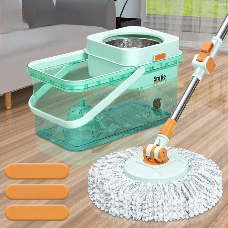 Qianhua forgó mop Kosárral – pamut fonalból készült mop, rozsdamentes acél rúd, egytengelyes hajtás, nedves és száraz használat, mop vödör készlet