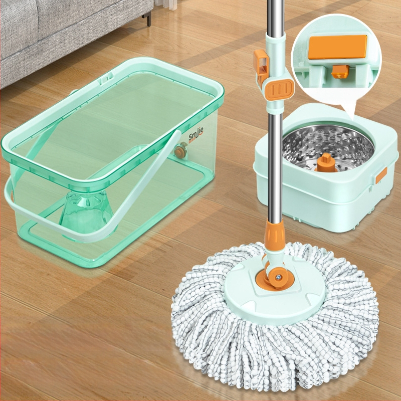 Qianhua forgó mop Kosárral – pamut fonalból készült mop, rozsdamentes acél rúd, egytengelyes hajtás, nedves és száraz használat, mop vödör készlet