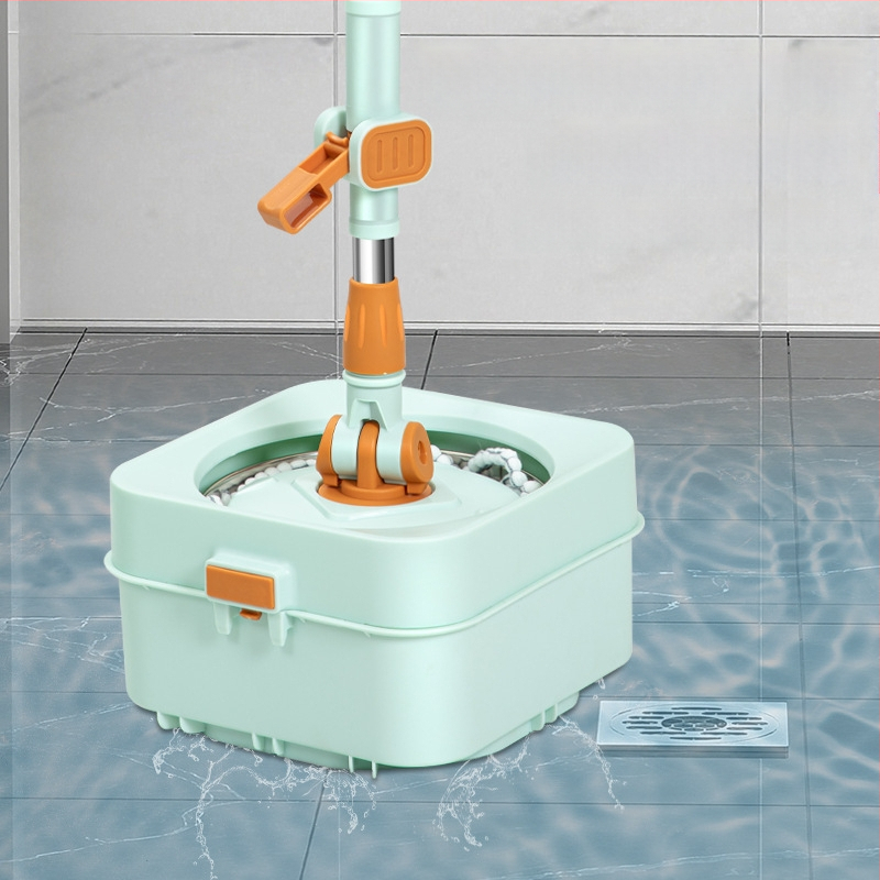 Qianhua forgó mop Kosárral – pamut fonalból készült mop, rozsdamentes acél rúd, egytengelyes hajtás, nedves és száraz használat, mop vödör készlet