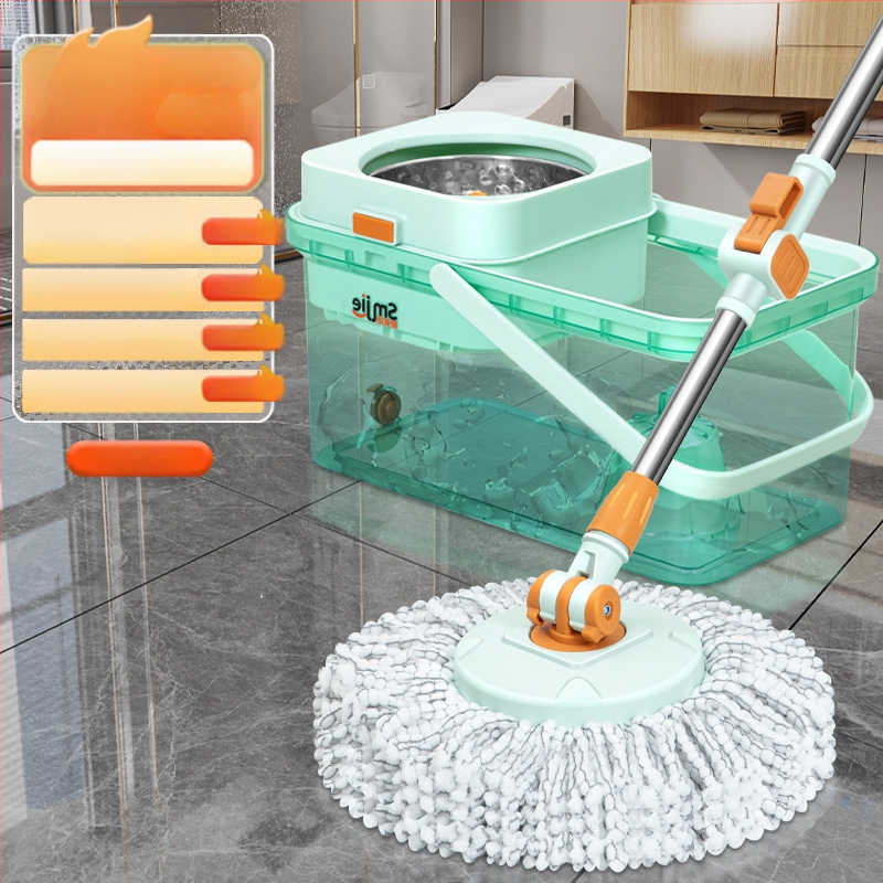 Qianhua forgó mop Kosárral – pamut fonalból készült mop, rozsdamentes acél rúd, egytengelyes hajtás, nedves és száraz használat, mop vödör készlet