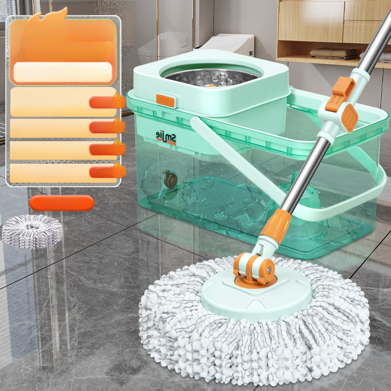 Qianhua forgó mop Kosárral – pamut fonalból készült mop, rozsdamentes acél rúd, egytengelyes hajtás, nedves és száraz használat, mop vödör készlet