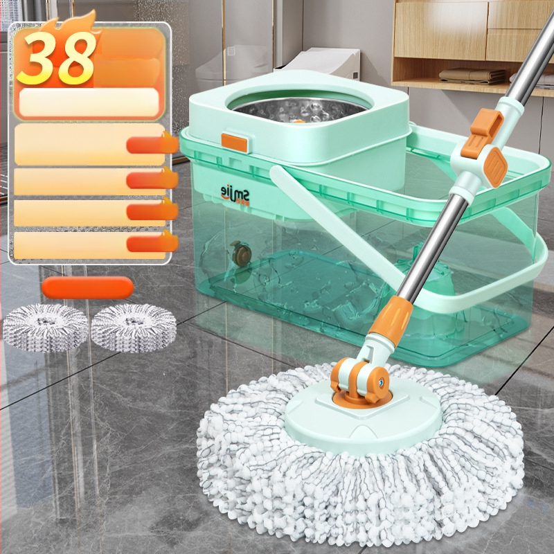 Qianhua forgó mop Kosárral – pamut fonalból készült mop, rozsdamentes acél rúd, egytengelyes hajtás, nedves és száraz használat, mop vödör készlet