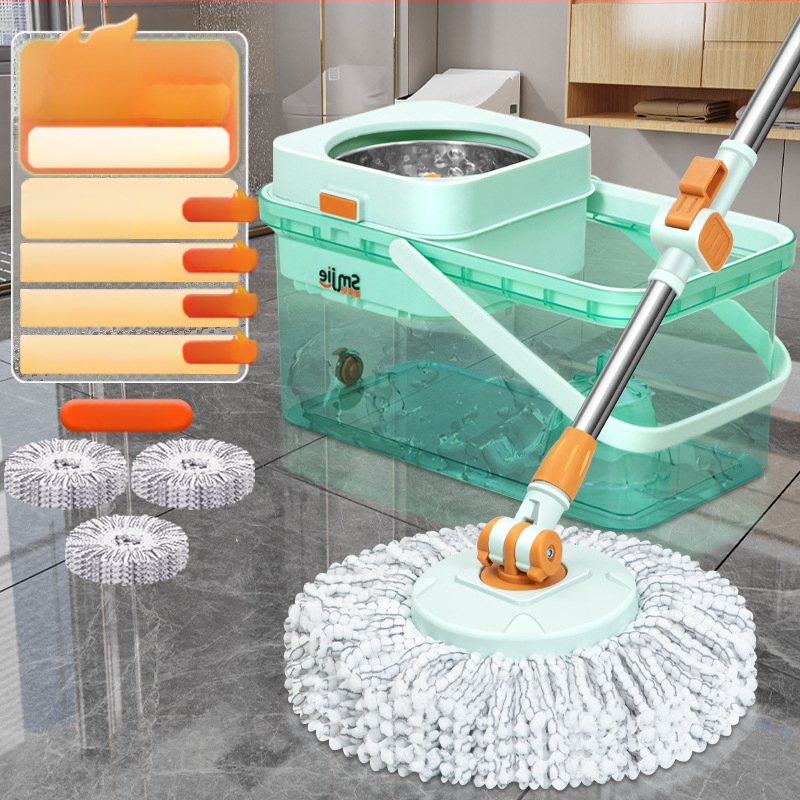 Qianhua forgó mop Kosárral – pamut fonalból készült mop, rozsdamentes acél rúd, egytengelyes hajtás, nedves és száraz használat, mop vödör készlet